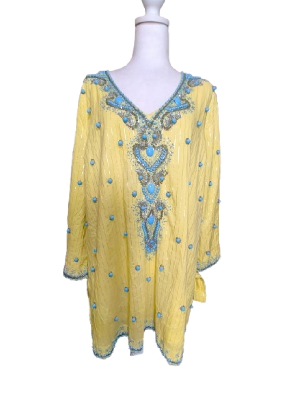 Boston Proper Beaded Tunic XL Yellow Turquoise Embellished Resort  Sheer Glam